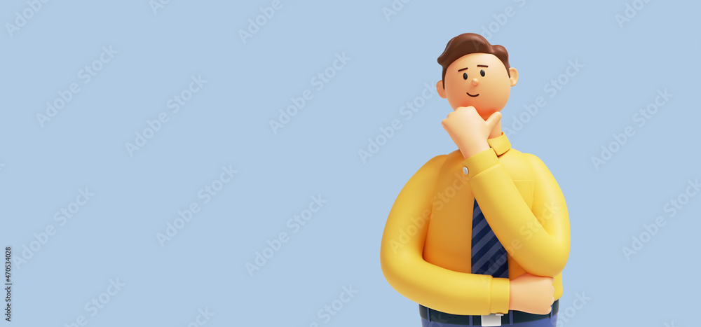 Fototapeta 3d render. Cartoon character cute young man isolated on blue background. Serious guy thinking pose. Caucasian male wears yellow shirt and blue tie. Problem and doubt concept
