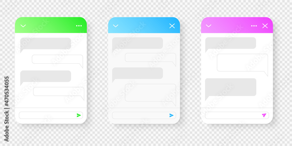 Chat bot screen templates. Life chat windows with message bubbles isolated on transparent background. Virtual assistant, online customer support conversation. Mobile messenger app design. Chat bot screen templates. Life chat windows with message bubbles isolated on transparent background. Virtual assistant, online customer support conversation. Mobile messenger app design.