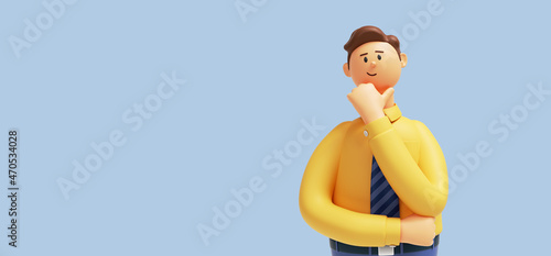 3d render. Cartoon character cute young man isolated on blue background. Serious guy thinking pose. Caucasian male wears yellow shirt and blue tie. Problem and doubt concept photo