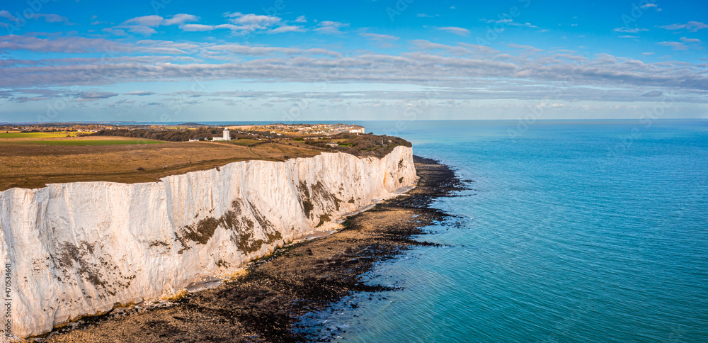 Aerial view of the White Cliffs of Dover. Close up view of the cliffs from the sea side. England, East Sussex. Between France and UK