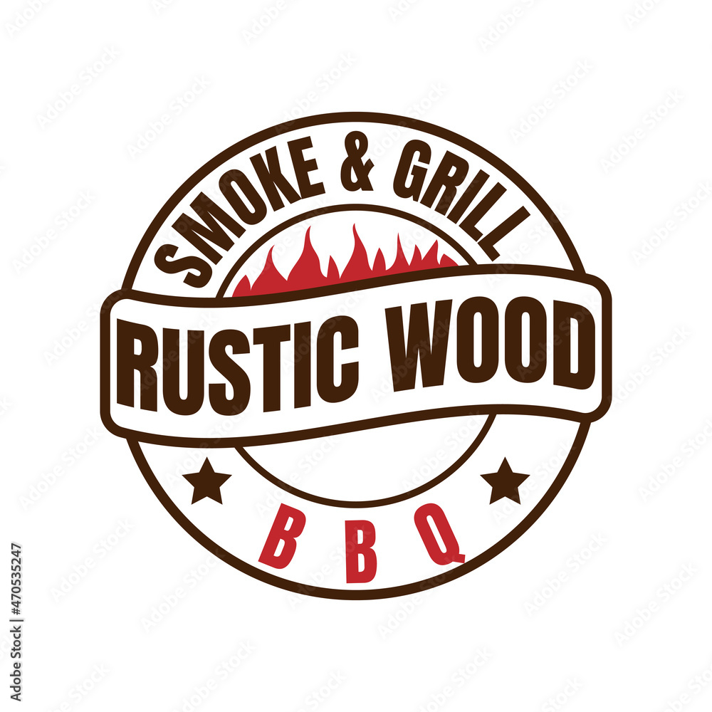 rustic bbq smoke and grill stamp logo design vector
