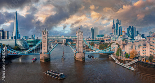 Aerial panorama of the London Tower Bridge and the River Thames, England, United Kingdom. Beautiful Tower bridge in London.