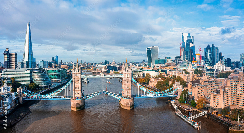 Aerial panorama of the London Tower Bridge and the River Thames, England, United Kingdom. Beautiful Tower bridge in London.