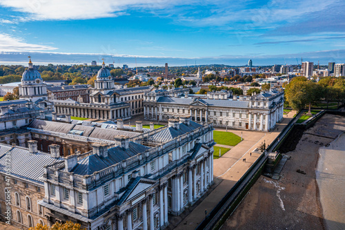 Tablou canvas Panoramic aerial view of Greenwich Old Naval Academy by the River Thames and Old