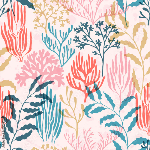 Coral reef seamless pattern.  Red Sea coral reef branches and bushes cartoon.