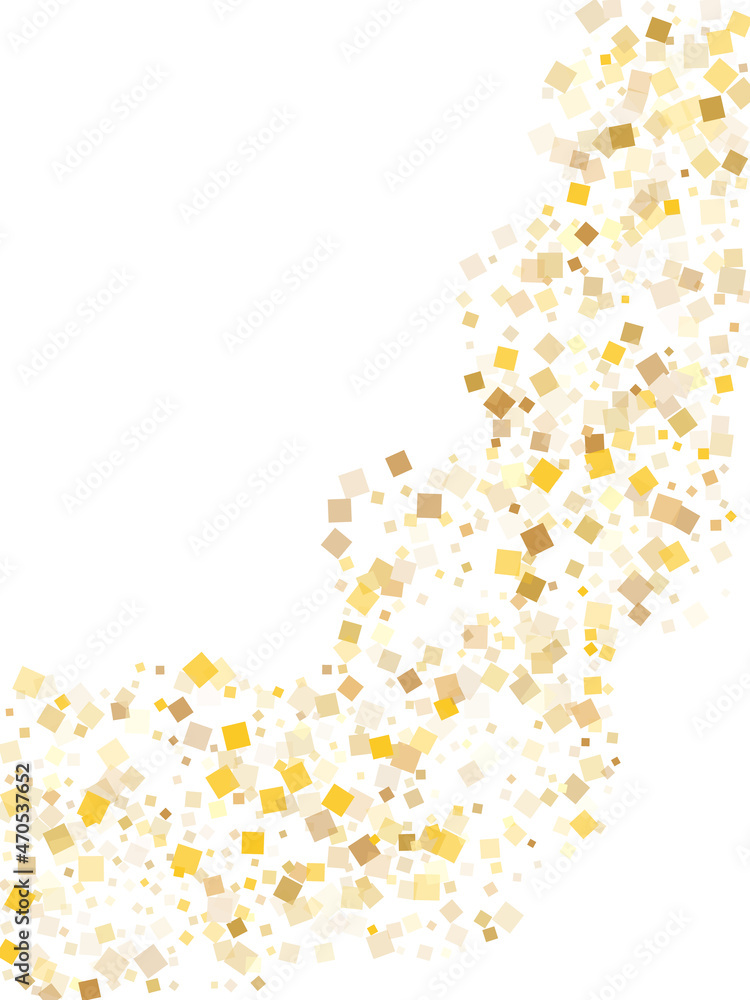 Yellow gold square confetti tinsels falling on white. Chic New Year vector sequins background. Gold foil confetti party explosion graphic design. Rhombus sparkles surprise backdrop.
