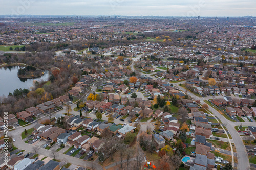 Drone photo of Brampton by Hurontario and the 410 and sandalwood parkway loafers lake and Turnberry golf club in view 