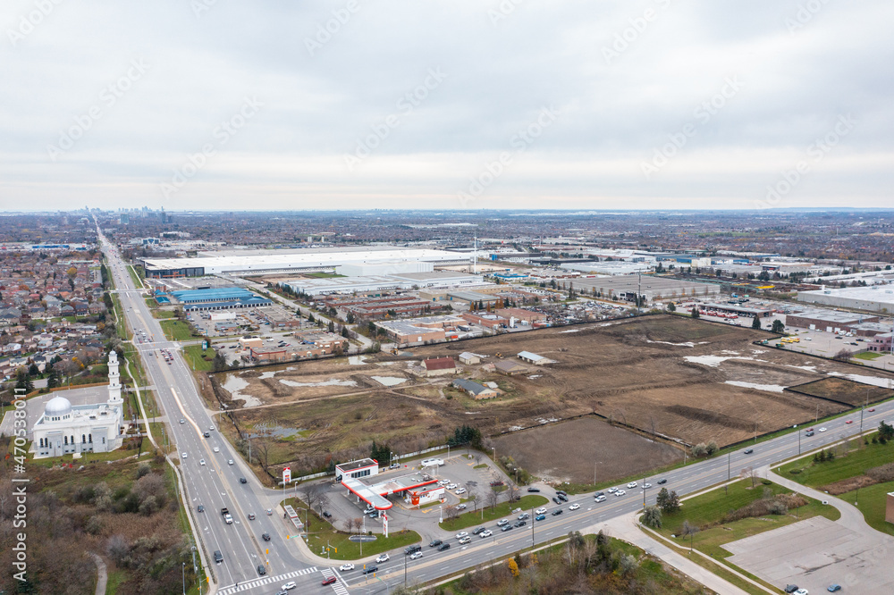 Drone photo of Brampton by Hurontario and the 410 and sandalwood parkway  loafers lake  and Turnberry golf club in view 