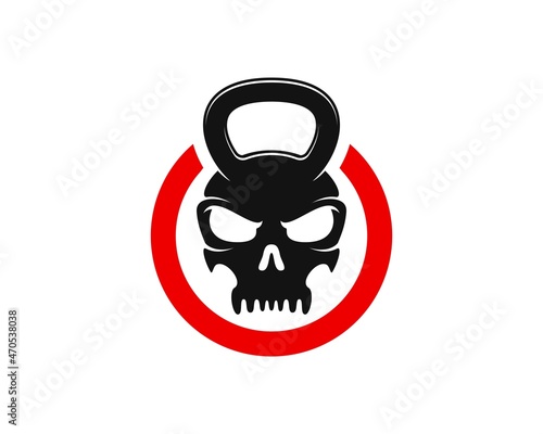 Red circle shape with skull head kettle bell inside