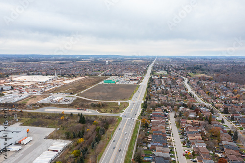 Drone photo of Brampton by Hurontario and the 410 and sandalwood parkway loafers lake and Turnberry golf club in view 