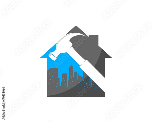 simple house with hammer and city silhouette inside