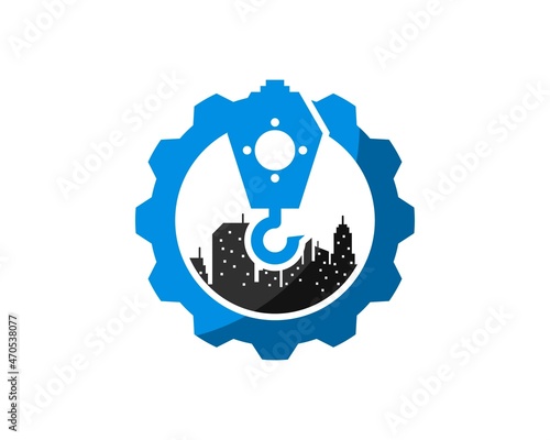 Mechanical gear with crane and city building inside