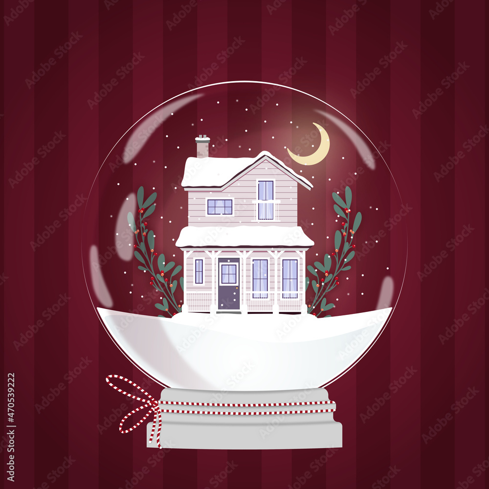 Świąteczna szklana kula z małym domkiem i zielonymi gałązkami na tle w czerwone paski. Zimowa sceneria - domek pokryty śniegiem, spadające płatki śniegu, nocne niebo i księżyc. - obrazy, fototapety, plakaty 