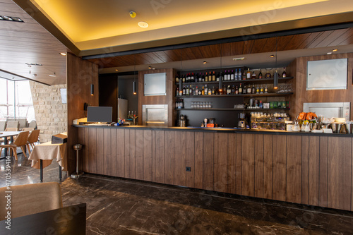 Wooden counter in hotel cafe bar