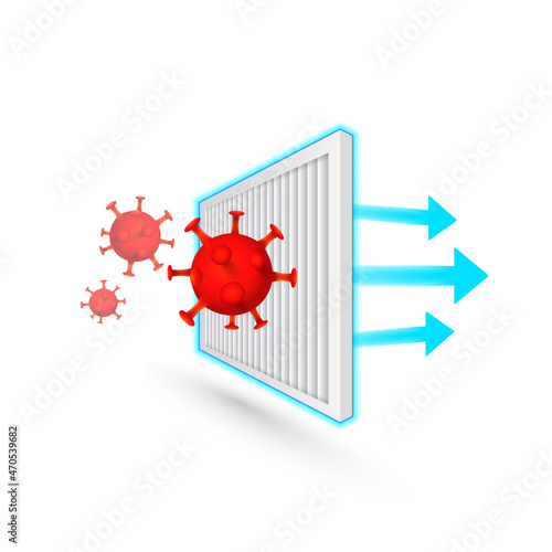 Demonstration of air filtration, capture bacteria and virus Covid-19.Air purifier anti-bacterial filter icon.