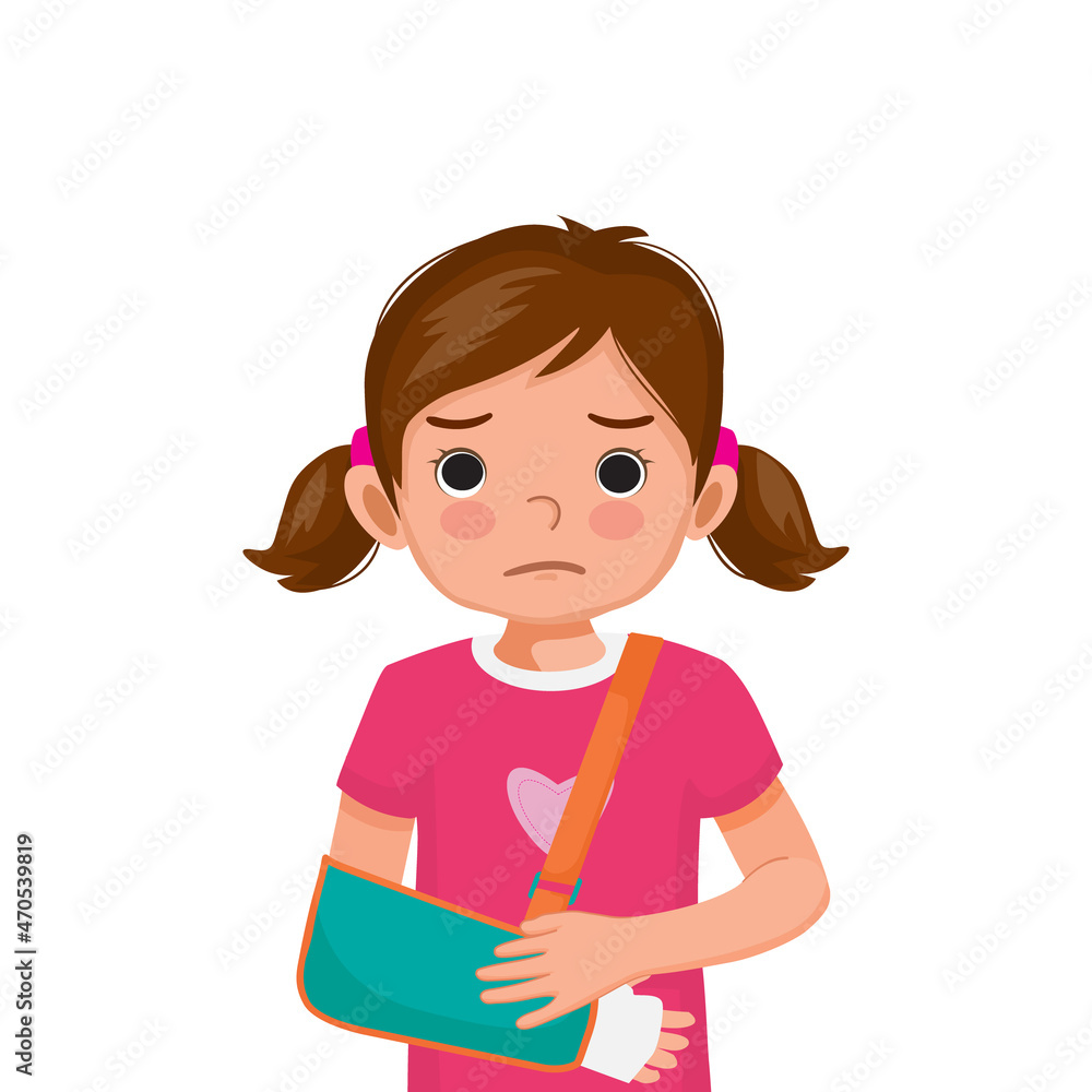 Little girl with broken arm in bandage wearing arm sling after accident.
Little girl with broken arm in bandage wearing arm sling after accident.