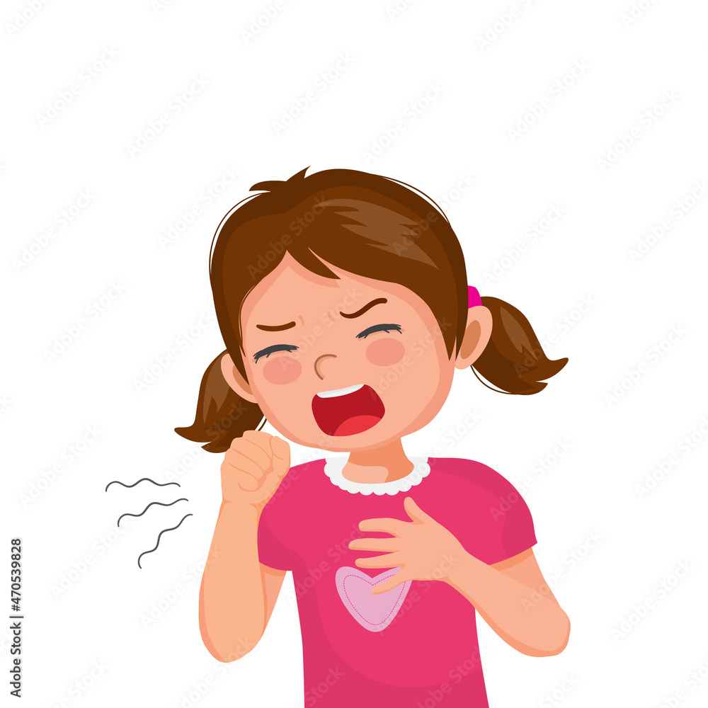 Little girl coughing feeling unwell holding her chest as symptom for cold or bronchitis. Little girl coughing feeling unwell holding her chest as symptom for cold or bronchitis.