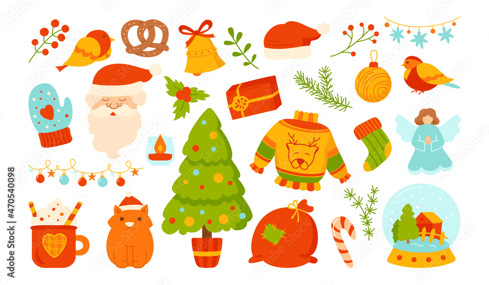 Obraz premium Christmas cartoon set. New year santa claus, garland, sweater cat, bell, candle, tree gift box and pretzel, lollipop. Xmas decoration, holiday celebrate. Scrapbook noel design sticker, card