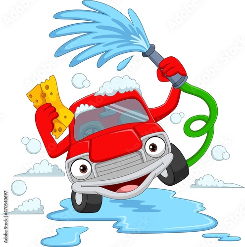 Cartoon car washing with water pipe and sponge