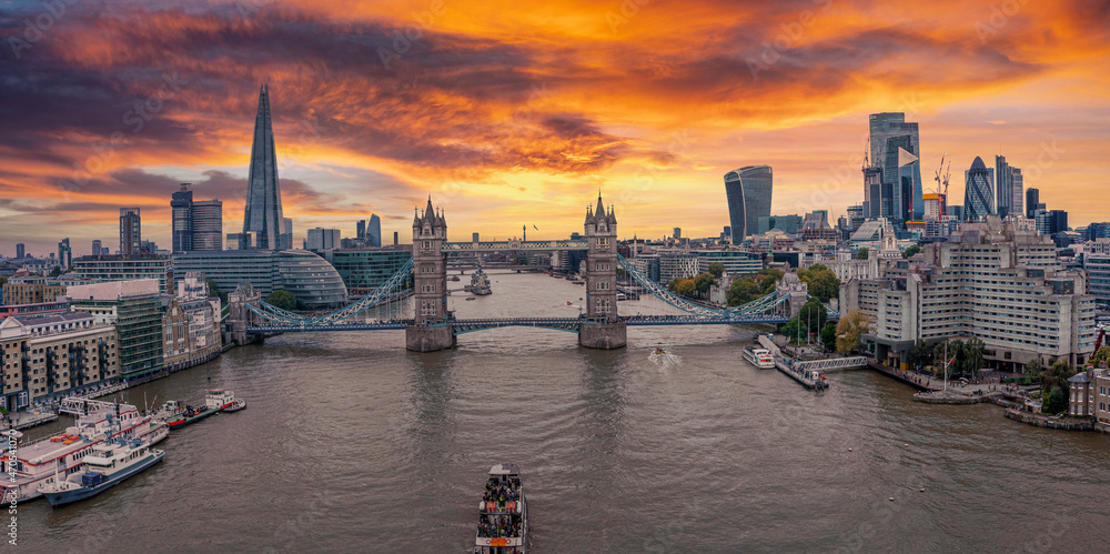 Aerial panoramic cityscape view of London Tower Bridge and the River Thames, England, United Kingdom. Beautiful Tower bridge in London.