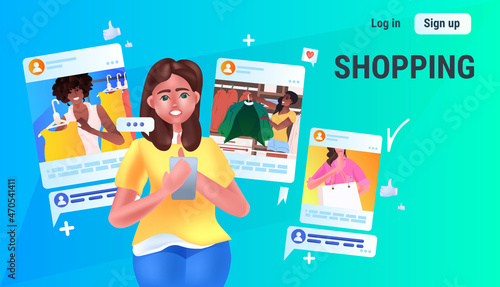 woman using online shopping application on digital gadget special offer social media network concept