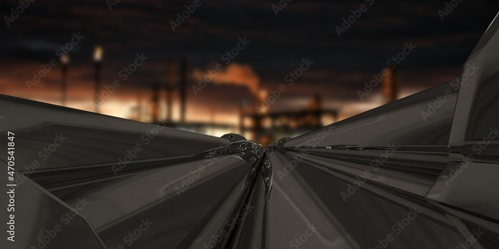 Pipeline steel metal crude oil fuel petroleum diesel barrel gas station factory power energy pollution over price supply chain demand economy financial market global worldwide crisis.3d render