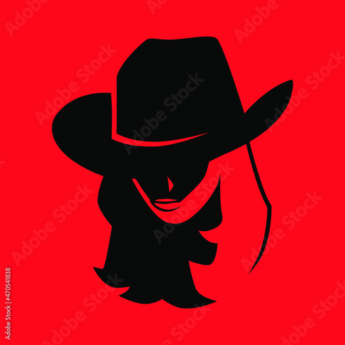 Cowgirl portrait symbol. Black symbol on red backdrop. Design element