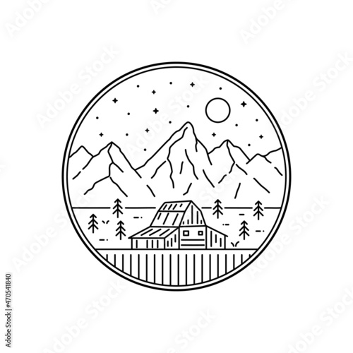 Illustration of Grand Teton in mono line style art for badges, emblems, patches, t-shirts, etc.
