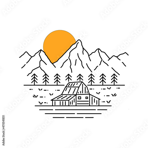 Photo Illustration of Grand Teton in mono line style art for badges, emblems, patches, t-shirts, etc