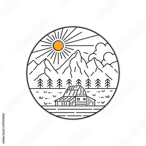 Illustration of Grand Teton in mono line style art for badges, emblems, patches, t-shirts, etc.