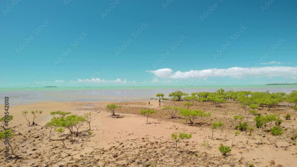 Aerial drone view over trees, beach and shallow water, in Clairview, Queensland, Australia Aerial drone view over trees, beach and shallow water, in Clairview, Queensland, Australia