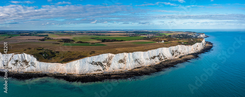 Aerial view of the White Cliffs of Dover. Close up view of the cliffs from the sea side. England, East Sussex. Between France and UK