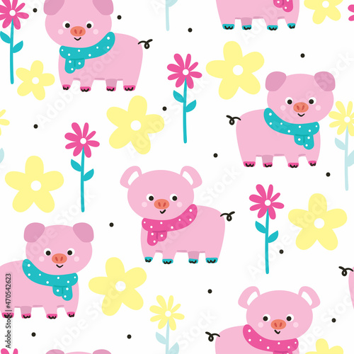 seamless pattern cute cartoon pig with flower. for fabric print, gift wrapping paper, kids wallpaper. animal illustration