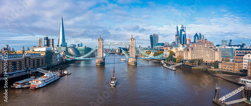 Aerial panorama of the London Tower Bridge and the River Thames, England, United Kingdom. Beautiful Tower bridge in London.