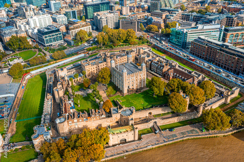 Aerial panoramic sunset view of London Castle by the River Thames, England, United Kingdom. Beautiful Tower castle in London.