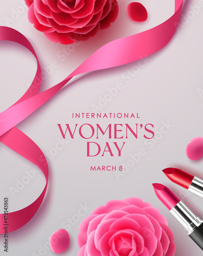 Women's day international vector background design. March 8 women's day text with camellia flower and lipstick elements for woman celebration event. Vector Illustration.