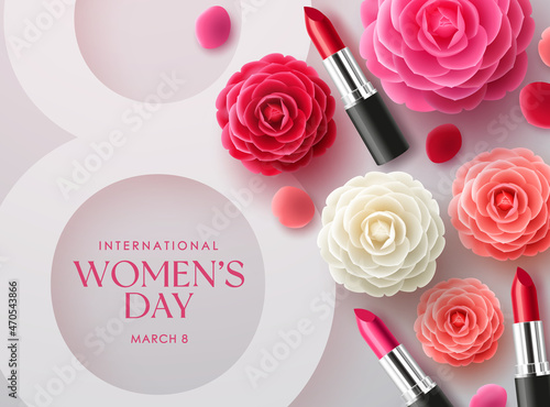 March 8 international women's day vector design. Women's day text with lipstick and camellia flower elements decoration for woman's celebration background design. Vector illustration.
