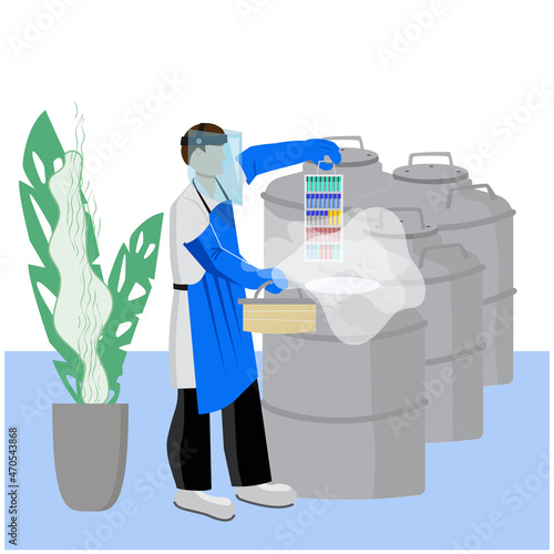 Doctor in CRYO BANK embryologist holding tubes with freezing biological (sperm, embryo, eggs)
