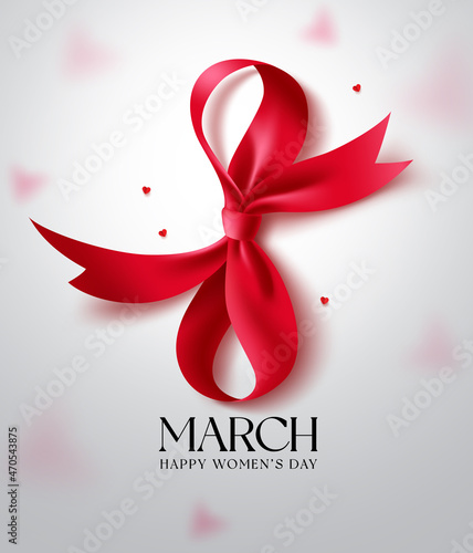 Happy women's day text vector background. March 8 in red ribbon elements decoration for international women's day greeting card design. Vector illustration.
