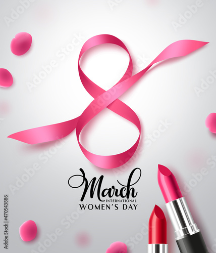 March 8 women's day vector design. Women's day greeting text with march 8 in pink ribbon and lipstick elements decoration for international celebration background design. Vector illustration.
