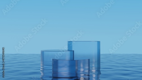 3d cylinder glass podium stage on sea water.Blue ocean and sky background.3d rendering illustration.