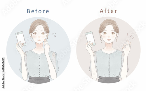 スマホを持つ女性のセット 困っている女性とOKサインを出している女性