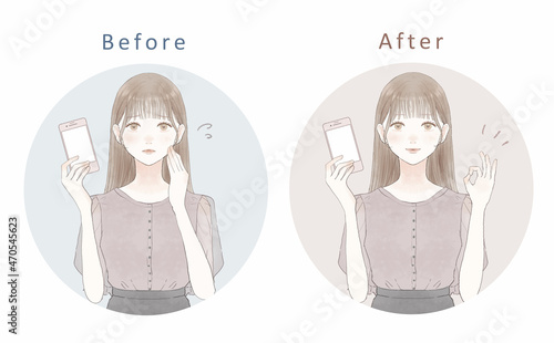 スマホを持つ女性のセット 困っている女性とOKサインを出している女性