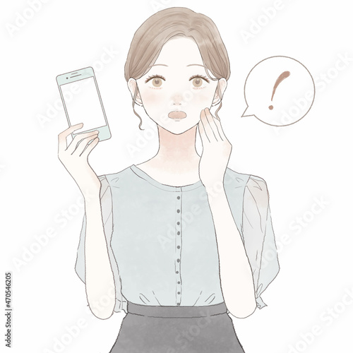 スマホを持って驚いている女性