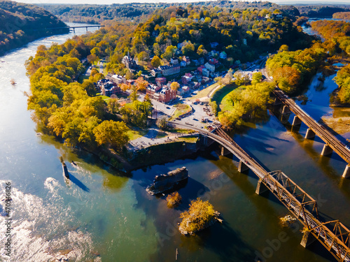 Drone view of Harpers Ferry Park in autumn.