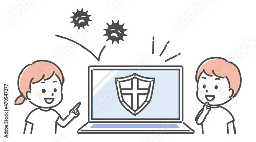 illustration of kids and pc