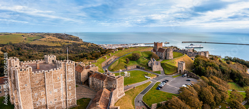 Aerial view of the Dover Castle. The most iconic of all English fortresses. English castle on top of the hill.