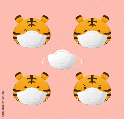 4 cute tiger comic cartoon characters with medical masks, mascots, face masks to prevent infectious diseases and pneumonia, vector