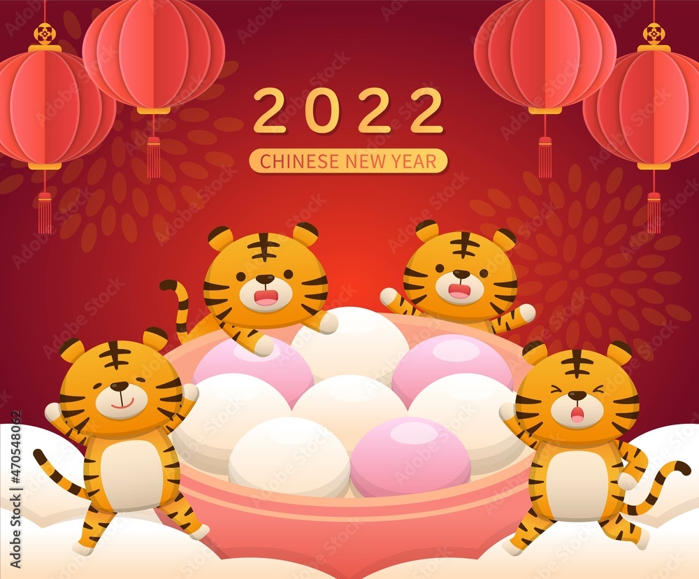 Fototapeta premium Chinese red lanterns, tiger mascots and glutinous rice balls, Chinese desserts made of glutinous rice, Chinese New Year or Lantern Festival or Winter Solstice