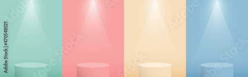 Set of soft pastel, green, pink, cream, blue, color scene background. 3d stage podium with spotlights. Pedestal for product display. Vector illustration. © Happy-Lucky
